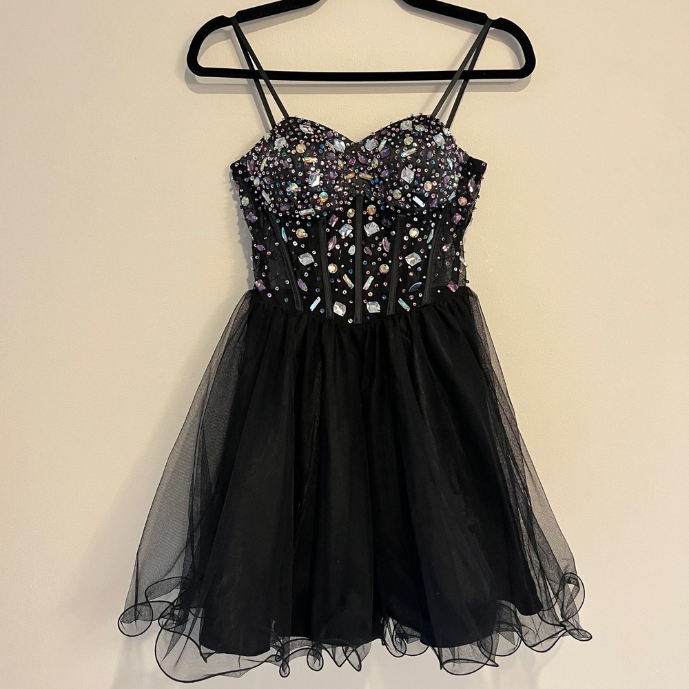Y2K Black Jeweled Embellished Corset Mini Dress Fit‎ Flare Blondie Nites Size 1